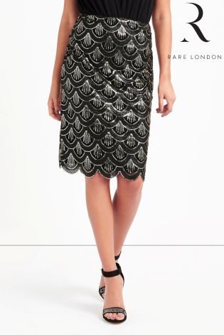 Rare Sequin Scalloped Hem Midi Skirt